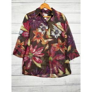 Chico's Women's Size 1 Medium Sheer Brown Multicolor Floral Tunic Blouse 1452